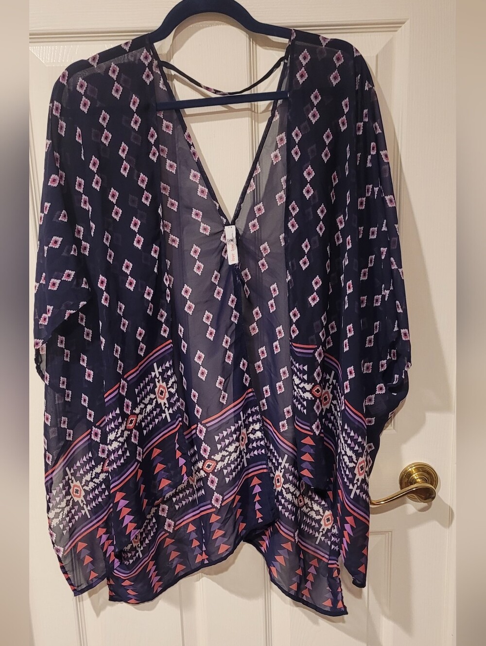 Love Tree Navy Sheer Geometric Kimono Tunic with Pink Accents
